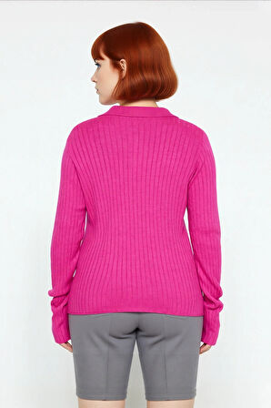 Kadınlara Özel Şık Polo Yaka Fitilli Akrilik Uzun Kol Triko Kazak Soğuklara Meydan Okuyor Kaliteli