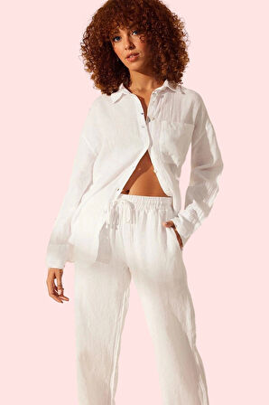 Kadın Düz Keten Gömlek Oversize Kalıp Günlük Ve Şık Yazlık Hafta Sonu Yaz Aylarının Vazgeçilmezi