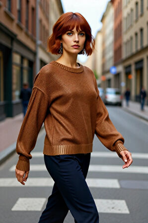 Kadınlara Özel Oversize Bisiklet Yaka Varak Baskılı Uzun Kollu Triko Kazak Kışlık Kombinler