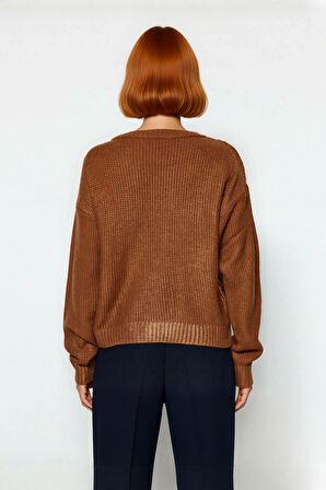 Kadınlara Özel Oversize Bisiklet Yaka Varak Baskılı Uzun Kollu Triko Kazak Kışlık Kombinler