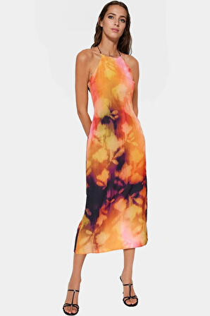 Astarlı Polyester Dokuma Elbise Halter Yaka Düz Kesim Midi Boy Soyut Desen Günlük Kullanım İçin