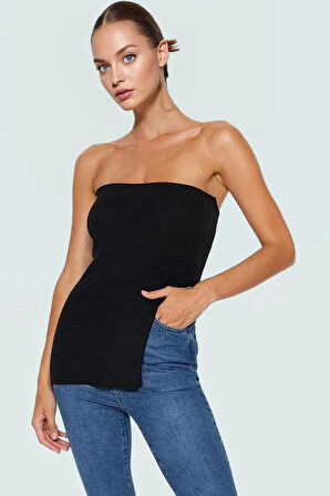 Design Koleksiyonu Straplez Bluz Triko Kumaş Yırtmaç Detaylı Şık Gece Elbisesi Modern Stil