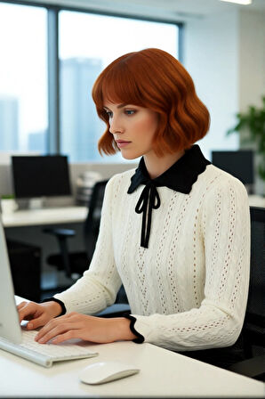 Kadın Ekru İnce Triko Kazak Ajurlu Desenli Polo Yaka Kurdele Fiyonklu Basic Crop Modeli Kaliteli