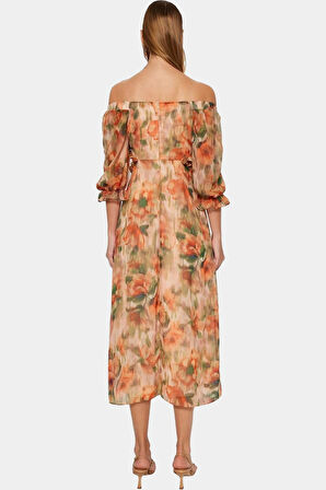 Polyester Şifon Maxi Elbise A line Truvakar Kol Çiçekli Kaliteli İşçilik Seçkin Malzeme