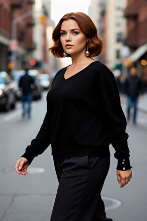 Kadın Basic Düz Siyah Triko Kazak Relaxed Fit V Yaka Standart Uzun Kol Soğuk Havaların Favorisi