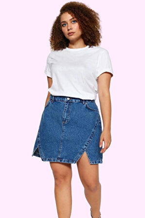 Kadın Yüksek Bel Denim Kısa Etek A line Rigid Dokuma Yırtmaçlı Pamuk Yaz Aylarının Vazgeçilmezi