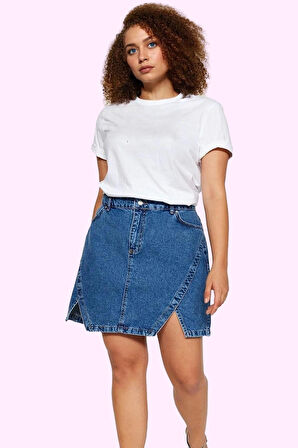 Kadın Yüksek Bel Denim Kısa Etek A line Rigid Dokuma Yırtmaçlı Pamuk Yaz Aylarının Vazgeçilmezi