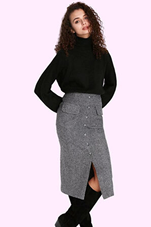 Kadın Kemerli Midi Etek Kaşe Kumaş Balık Sırtı Desenli Kışlık Günlük Kullanım Modern Tasarım