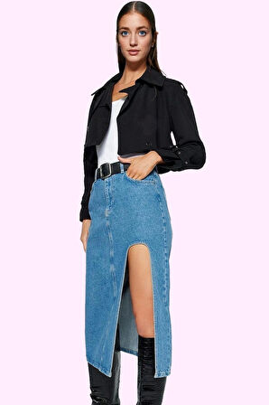 Kadın Denim Midi Etek Yaz Aylarının Vazgeçilmezi Yırtmaçlı Pamuk Günlük Kullanım Hafta Sonu