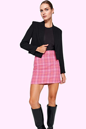 Kadın Mini Kalem Etek Ekose Tüvit Dokuma Kumaş Renk Kemer Detay Yaz Aylarının Vazgeçilmezi