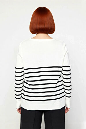 Kadın Bisiklet Yaka Çizgili Triko Kazak Standart Kol Rahat Kalıp Günlük Sonbahar Kış Şıklığı