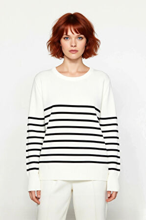 Kadın Bisiklet Yaka Çizgili Triko Kazak Standart Kol Rahat Kalıp Günlük Sonbahar Kış Şıklığı