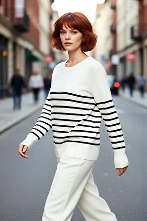 Kadın Bisiklet Yaka Çizgili Triko Kazak Standart Kol Rahat Kalıp Günlük Sonbahar Kış Şıklığı