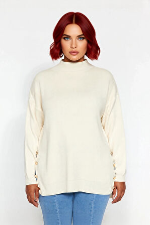 Kadın Basic Relaxed Kalıp Triko Kazak Balıkçı Yaka Düğme Detaylı Uzun Boy Konforlu Kış Kombinleri