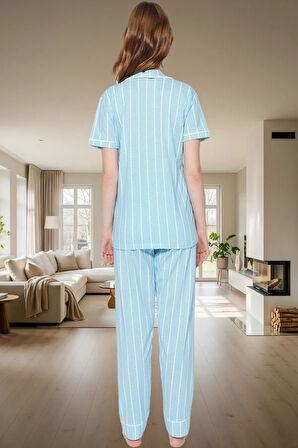 Çizgili Homewear Pijama Takımı Pamuk ve Polyester Karışımı Yüksek Kalite Mükemmel Uyum