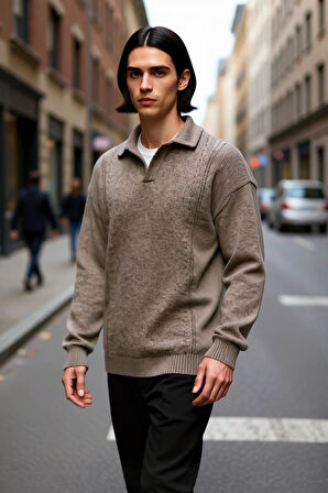 Erkek Düz Desen Polo Yaka Triko Kazak Soğuk Havalar İçin İdeal Rahat Kışlık Giyim Kaliteli