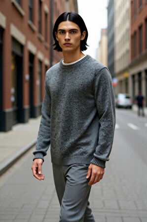 Erkek Regular Kesim Yünlü Bisiklet Yaka Uzun Kollu Bordo Düz Triko Kazak Günlük Kullanım İçin