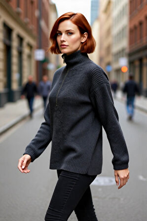 Kadın Orta Kalınlık Düşük Kol Selanik Dokuma Regular Kesim Uzun Triko Kazak Günlük Kullanıma Uygun