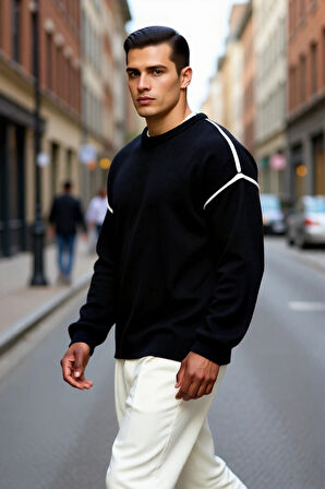 Erkek Büyük Beden Oversize Kalıp Bisiklet Yaka Düşük Kol Biye Detaylı Triko Kazak Kışlık Stil