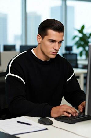 Erkek Büyük Beden Oversize Kalıp Bisiklet Yaka Düşük Kol Biye Detaylı Triko Kazak Kışlık Stil