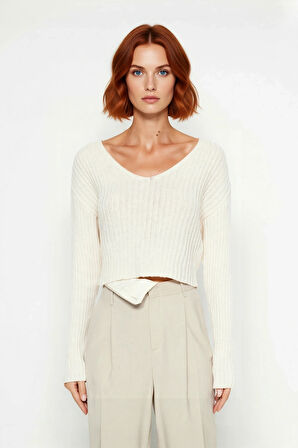 Kadın Fitilli Triko Kazak Regular Kalıp V Yaka Uzun Kollu Crop Boy Akrilik Günlük Stile Uygun