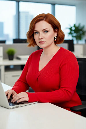 Kadın Şık ve Rahat Fitted Kalıp V Yaka Triko Kazak Düğüm Detaylı Fitilli Akrilik Örgü Kaliteli