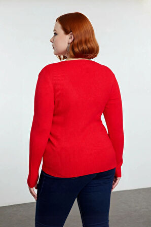 Kadın Şık ve Rahat Fitted Kalıp V Yaka Triko Kazak Düğüm Detaylı Fitilli Akrilik Örgü Kaliteli