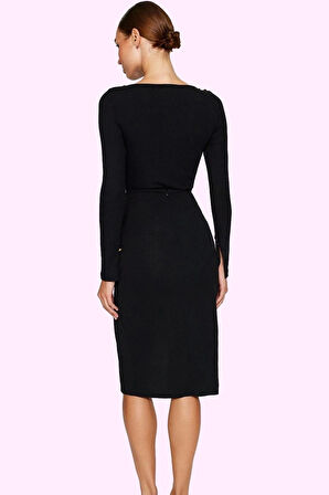 Kadın Düğmeli Midi Etek Yırtmaçlı Kalem Örme Krep Kumaş Günlük Kullanım Yaz Aylarının Vazgeçilmezi