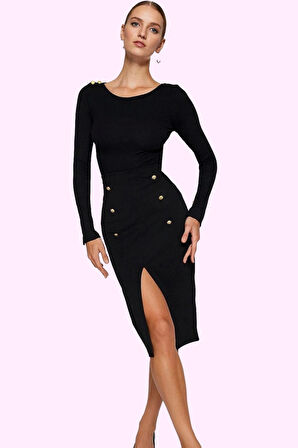 Kadın Düğmeli Midi Etek Yırtmaçlı Kalem Örme Krep Kumaş Günlük Kullanım Yaz Aylarının Vazgeçilmezi