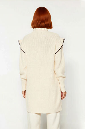 Kadın Dik Yaka Düşük Kollu Selanik Dokuma Biyeli Tunik Saç Örgü Detaylı Kışlık Kazak Kaliteli