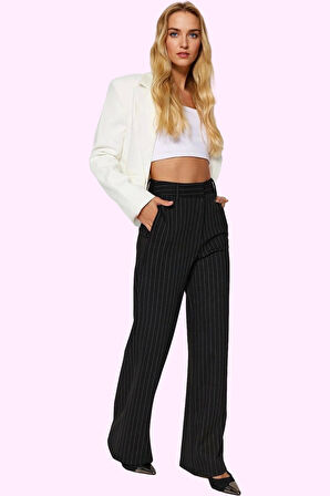 Kadın Straight Fit Pantolon Kışlık Çizgili Yüksek Bel Kemerli Günlük Kullanım Modern Tasarım