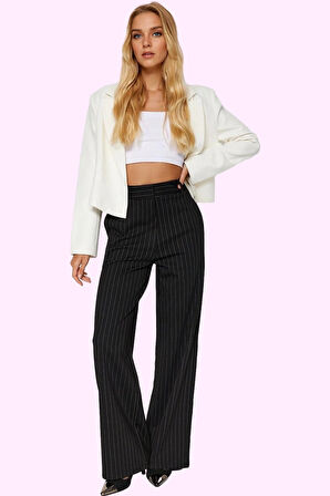 Kadın Straight Fit Pantolon Kışlık Çizgili Yüksek Bel Kemerli Günlük Kullanım Modern Tasarım