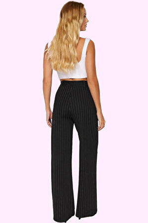 Kadın Straight Fit Pantolon Kışlık Çizgili Yüksek Bel Kemerli Günlük Kullanım Modern Tasarım