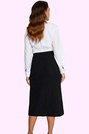 Kadın Kışlık Midi Etek Tüvit Kumaş A line Kesim Kemer Detaylı Günlük Kullanım Modern Tasarım