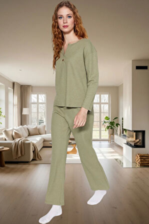 Kışlık 2'li Waffle Pijama Takımı V Yaka Pamuklu Regular Kalıp Özenle Seçilmiş Rahat Ve Şık