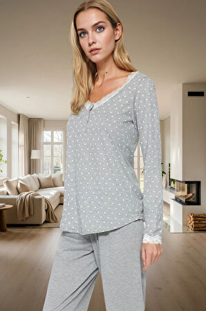 Puantiyeli Dantel Detaylı Pamuklu Örme Pijama Takımı Kışlık Konfor Mükemmel Uyum Trend Tasarım
