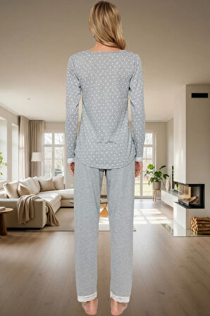 Puantiyeli Dantel Detaylı Pamuklu Örme Pijama Takımı Kışlık Konfor Mükemmel Uyum Trend Tasarım