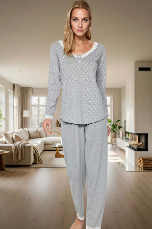 Puantiyeli Dantel Detaylı Pamuklu Örme Pijama Takımı Kışlık Konfor Mükemmel Uyum Trend Tasarım