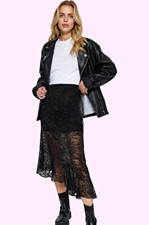 Kadın Astarlı Normal Bel Örme Midi Etek Asimetrik Kesim Dantel Detaylı Şık Tasarım Günlük Kullanım