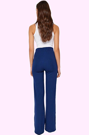 Kadın İnterlok Örme Pantolon Yüksek Bel İspanyol Paça Flare Günlük Yaz Aylarının Vazgeçilmezi