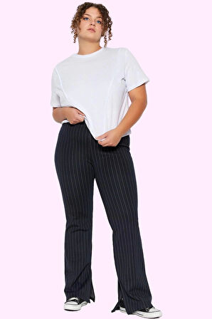 Kadın Büyük Beden İspanyol Paça Pantolon Yüksek Bel Çizgili Desen Günlük Stil Modern Tasarım