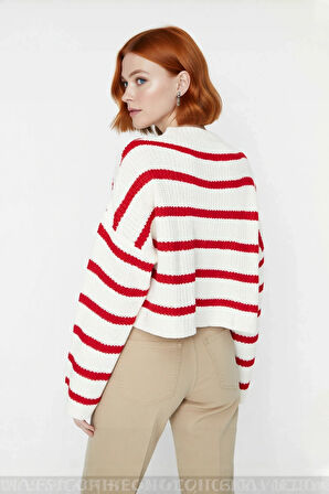 Kadın Crop Boy Akrilik Triko Kazak Bisiklet Yaka Geniş Kalıp Çizgili Soğuk Havalara Uygun Kaliteli