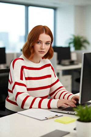 Kadın Crop Boy Akrilik Triko Kazak Bisiklet Yaka Geniş Kalıp Çizgili Soğuk Havalara Uygun Kaliteli