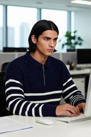 Erkek Polo Yaka Oversize Kalıp Triko Çizgili Kazak Lacivert Renk Kalın Selanik Dokuma Kışlık Giysi