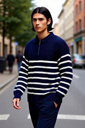 Erkek Polo Yaka Oversize Kalıp Triko Çizgili Kazak Lacivert Renk Kalın Selanik Dokuma Kışlık Giysi
