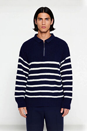 Erkek Polo Yaka Oversize Kalıp Triko Çizgili Kazak Lacivert Renk Kalın Selanik Dokuma Kışlık Giysi