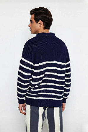 Erkek Polo Yaka Oversize Kalıp Triko Çizgili Kazak Lacivert Renk Kalın Selanik Dokuma Kışlık Giysi