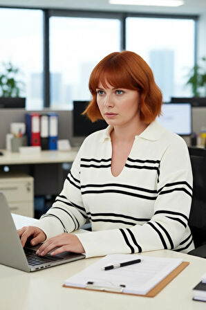 Kadın Triko Çizgili Polo Yaka Kazak Relaxed Kesimiyle Konforlu Ve Şık Bir Kış Kombini Yaratır