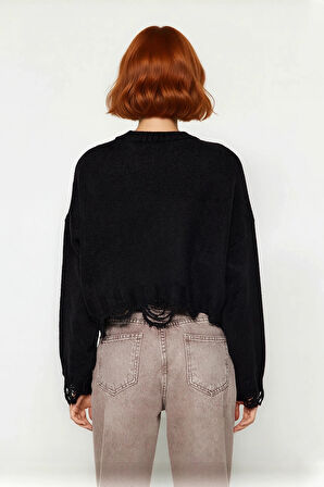 Kadın Basic Siluet Oversize Triko Kazak Crop Düşük Kol Akıtma Detaylı Soğuk Havalar İçin İdeal