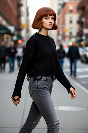 Kadın Basic Siluet Oversize Triko Kazak Crop Düşük Kol Akıtma Detaylı Soğuk Havalar İçin İdeal